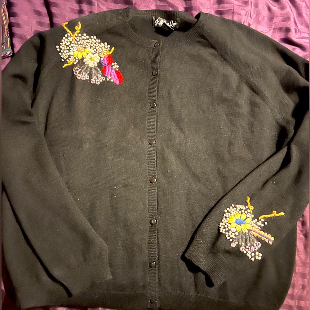 Hand embroidered black cardigan sweater